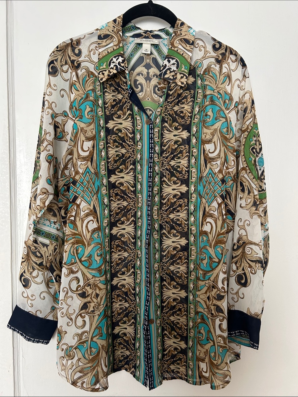 Dress Barn Ornate Scroll Print Button-Up Blouse in Teal, Navy & Cream